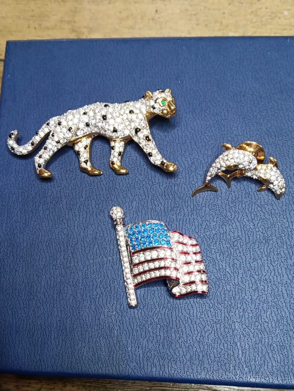 Swarovski Crystal Pave Leopard, Dolphin, & U.S. Flag Brooch Pin Lot